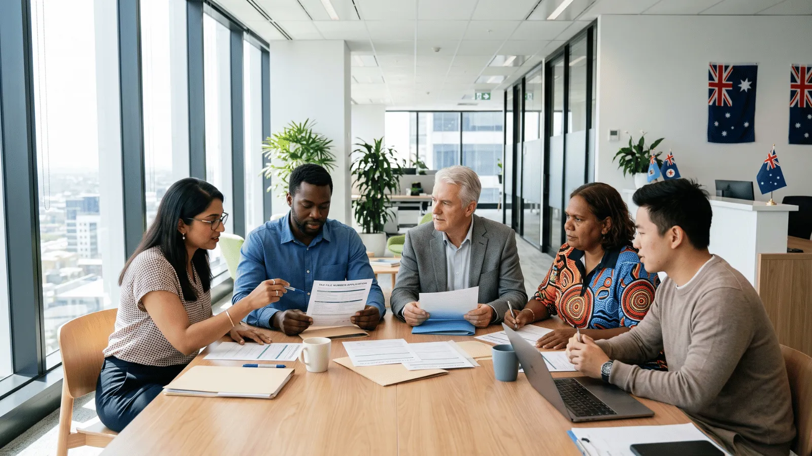 People reviewing documents for TFN application in an Australian office.