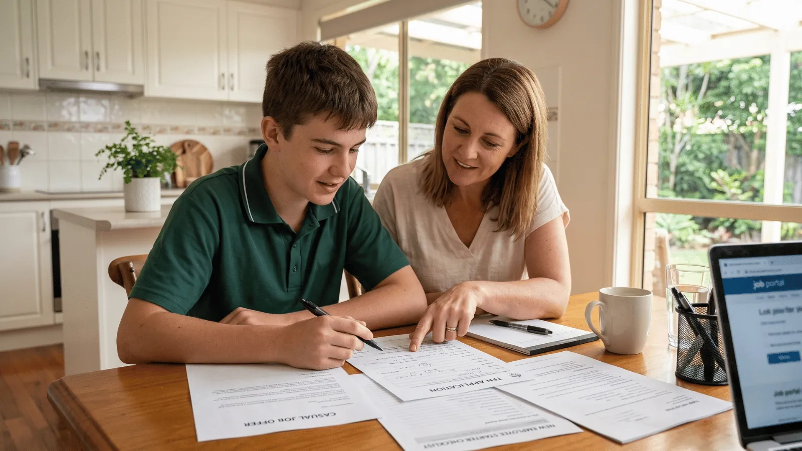 Teenager discussing first job paperwork with parent at home.