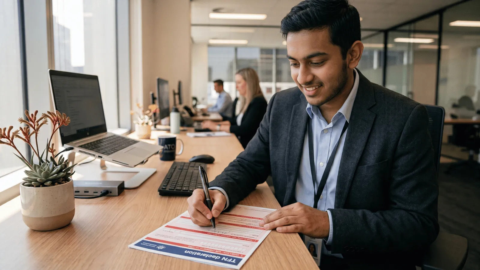 Person filling out a TFN declaration form at a desk in an office.