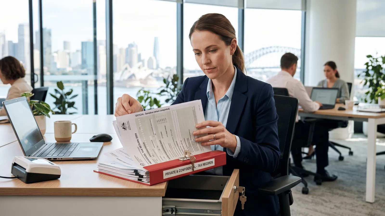 Australian office worker handling tax documents securely.