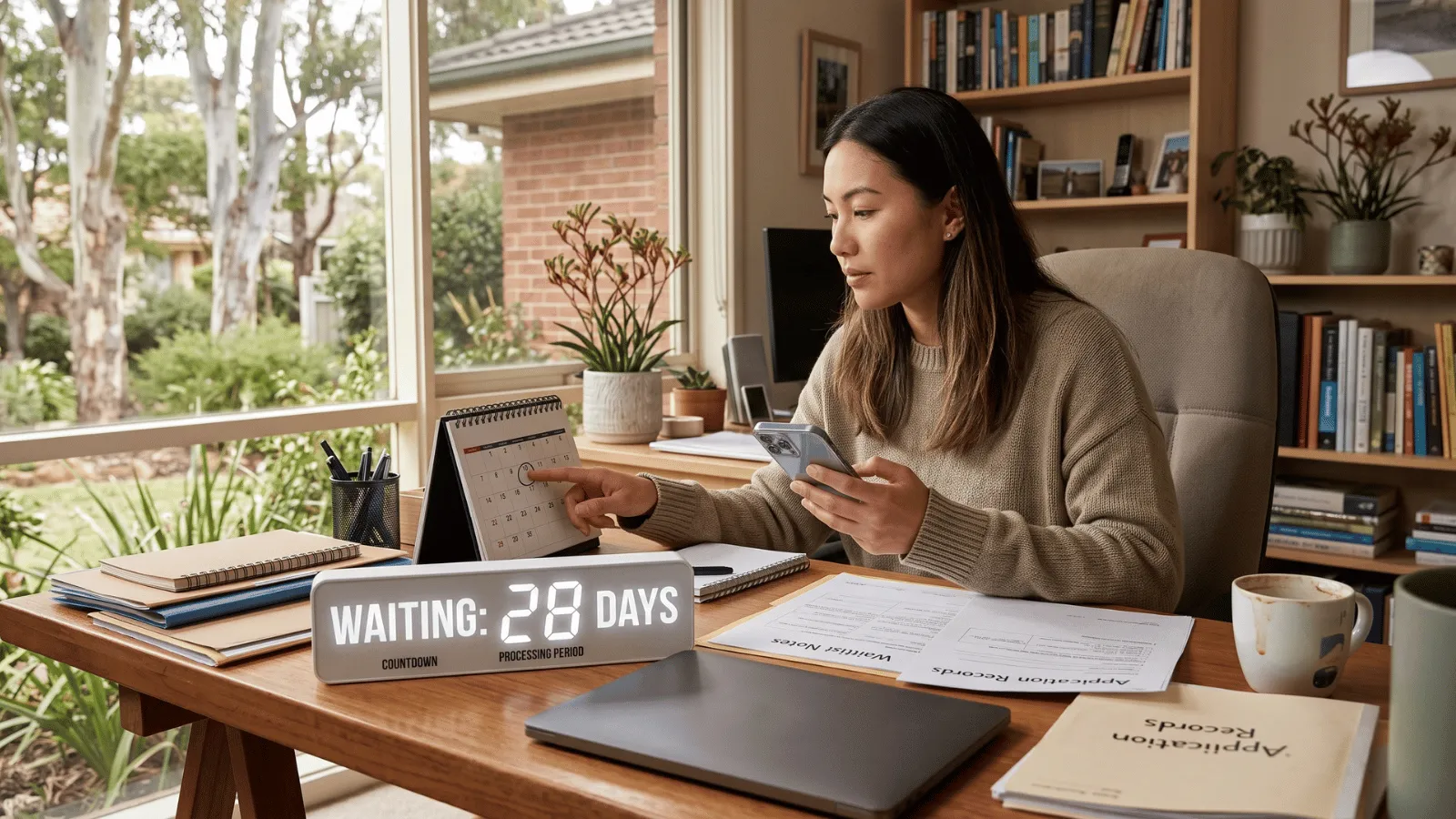 Person checking calendar and phone for TFN processing update at home
